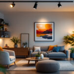 A photograph of a stylish interior space showcasing a track lighting fixture in use