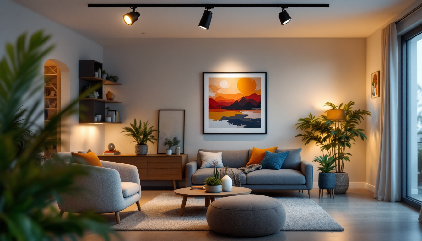 A photograph of a stylish interior space showcasing a track lighting fixture in use