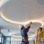 A photograph of a beautifully designed round light ceiling installation in a modern commercial space