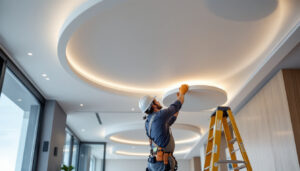 A photograph of a beautifully designed round light ceiling installation in a modern commercial space