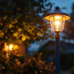 A photograph of a beautifully illuminated solar lamp post in a residential or commercial setting during twilight