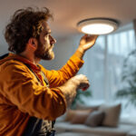 A photograph of a lighting contractor installing a recessed can downlight in a stylish