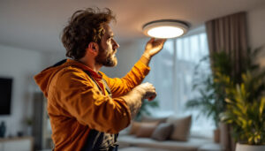 A photograph of a lighting contractor installing a recessed can downlight in a stylish