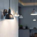A photograph of a well-lit interior garage showcasing a variety of stylish and functional lighting fixtures