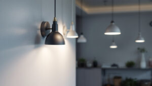 A photograph of a well-lit interior garage showcasing a variety of stylish and functional lighting fixtures
