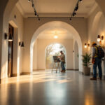 A photograph of a well-lit entranceway showcasing various lighting fixtures
