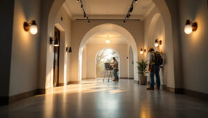 A photograph of a well-lit entranceway showcasing various lighting fixtures