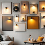 A photograph of a beautifully arranged photo wall featuring various styles and designs of wall lights in a well-lit interior setting