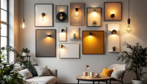 A photograph of a beautifully arranged photo wall featuring various styles and designs of wall lights in a well-lit interior setting