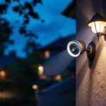 A photograph of a well-lit residential exterior at dusk