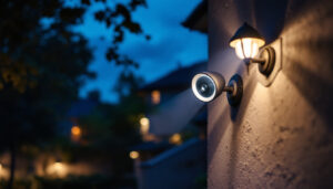 A photograph of a well-lit residential exterior at dusk