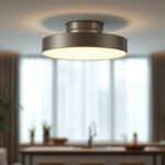A photograph of a stylish contemporary semi flush mount light fixture installed in a well-lit