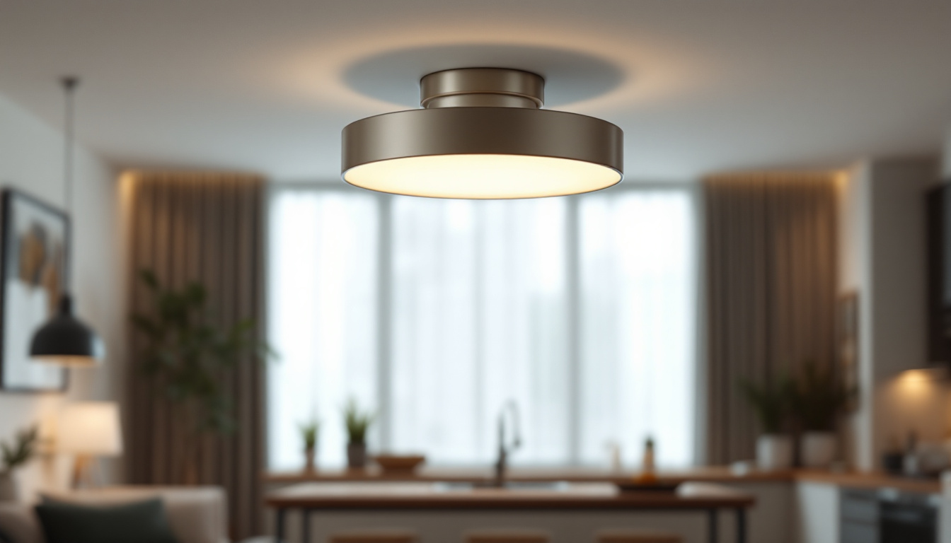 A photograph of a stylish contemporary semi flush mount light fixture installed in a well-lit
