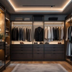 A photograph of a beautifully designed walk-in closet showcasing a variety of lighting options