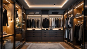 A photograph of a beautifully designed walk-in closet showcasing a variety of lighting options