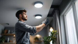 A photograph of a lighting contractor expertly installing recessed lighting cans in a modern home