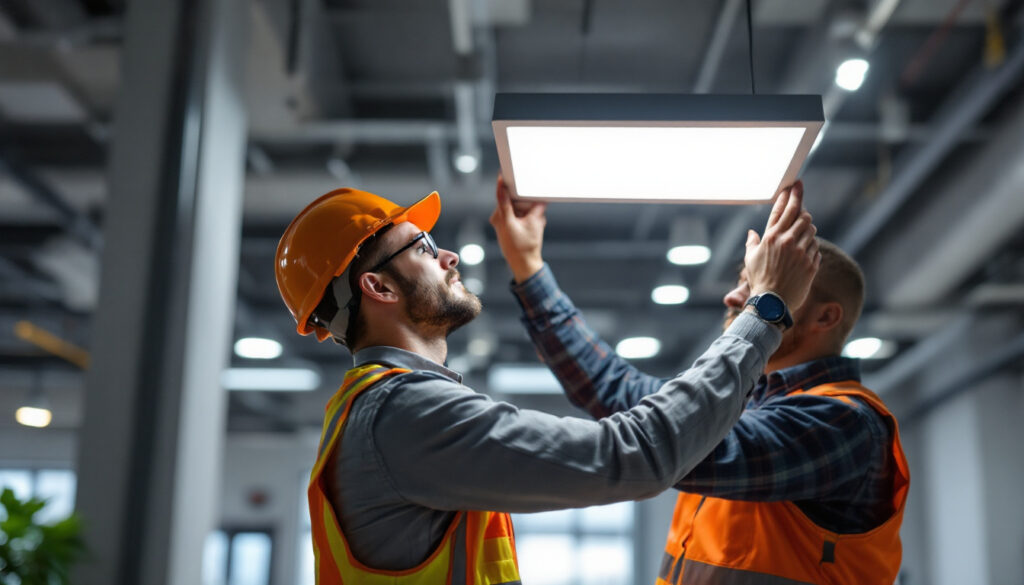 A photograph of a lighting contractor inspecting a modern led light panel installation in a commercial space