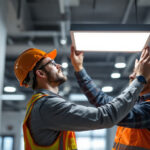 A photograph of a lighting contractor inspecting a modern led light panel installation in a commercial space