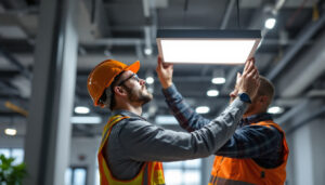 A photograph of a lighting contractor inspecting a modern led light panel installation in a commercial space
