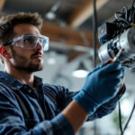 A photograph of a technician carefully replacing a light ballast in a commercial or residential setting
