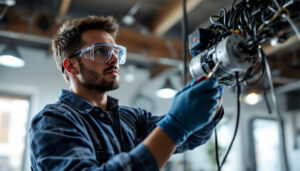A photograph of a technician carefully replacing a light ballast in a commercial or residential setting