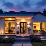 A photograph of a beautifully illuminated outdoor space showcasing various modern lighting fixtures on a house