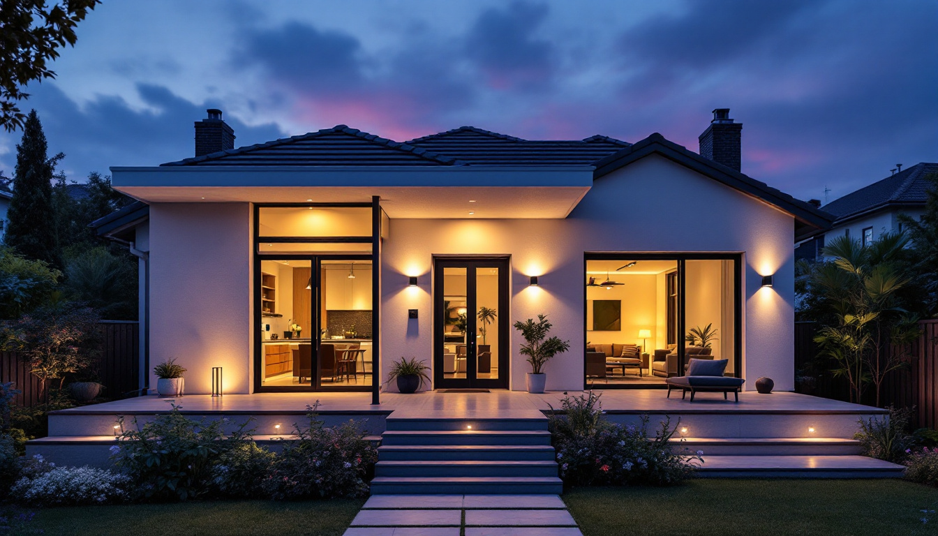 A photograph of a beautifully illuminated outdoor space showcasing various modern lighting fixtures on a house