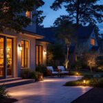 A photograph of a beautifully illuminated outdoor space showcasing various lighting fixtures and designs