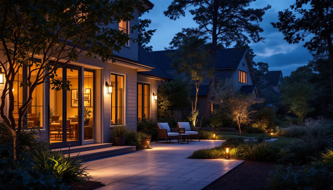 A photograph of a beautifully illuminated outdoor space showcasing various lighting fixtures and designs