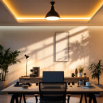 A photograph of a well-designed home office space featuring stylish ceiling lighting that enhances the ambiance