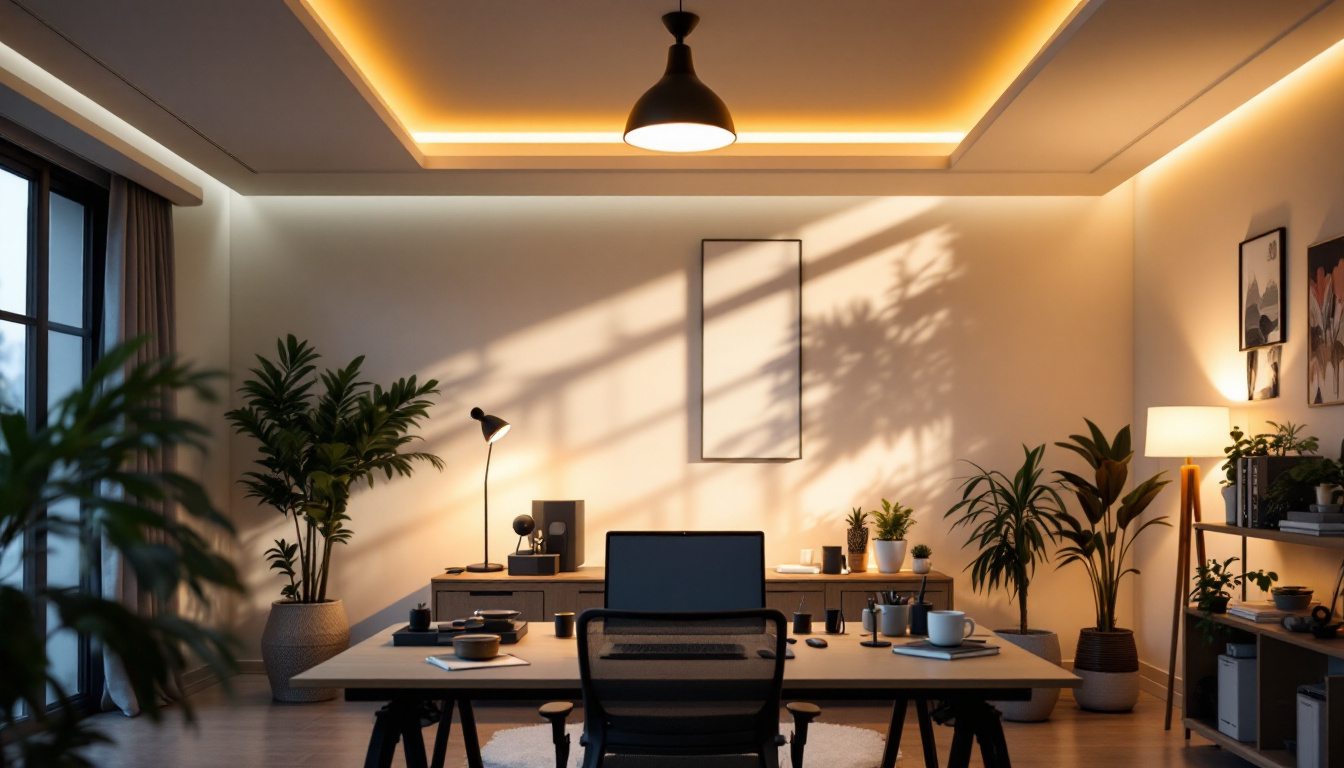A photograph of a well-designed home office space featuring stylish ceiling lighting that enhances the ambiance