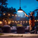 A photograph of a skilled lighting contractor installing an outdoor ceiling mount light in a beautifully landscaped patio or garden setting
