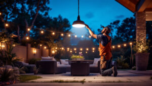 A photograph of a skilled lighting contractor installing an outdoor ceiling mount light in a beautifully landscaped patio or garden setting