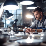 A photograph of a lighting contractor examining various lighting fixtures in a well-lit workspace
