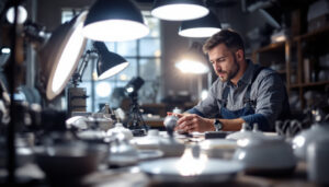 A photograph of a lighting contractor examining various lighting fixtures in a well-lit workspace