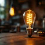 A photograph of a type a lamp bulb illuminated in a cozy