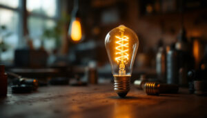 A photograph of a type a lamp bulb illuminated in a cozy