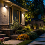 A photograph of a well-lit outdoor space showcasing various top-rated flood lights in action