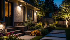 A photograph of a well-lit outdoor space showcasing various top-rated flood lights in action