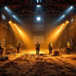 A photograph of a well-lit barn interior showcasing various lighting installations in action