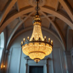 A photograph of a beautifully designed cathedral ceiling chandelier installed in a spacious room