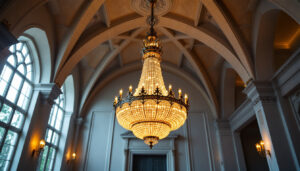 A photograph of a beautifully designed cathedral ceiling chandelier installed in a spacious room