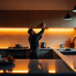 A photograph of a beautifully designed kitchen featuring sleek led under cabinet spotlights illuminating the workspace