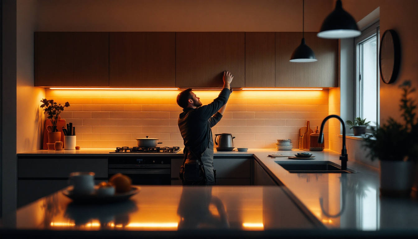 A photograph of a beautifully designed kitchen featuring sleek led under cabinet spotlights illuminating the workspace