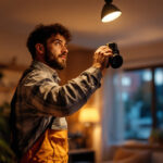 A photograph of capture a photograph of a lighting contractor expertly installing or adjusting 120-volt spotlights in a well-lit residential or commercial space