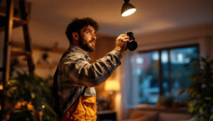 A photograph of capture a photograph of a lighting contractor expertly installing or adjusting 120-volt spotlights in a well-lit residential or commercial space