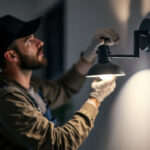 A photograph of a lighting contractor installing a bracket-mounted light in a residential or commercial setting