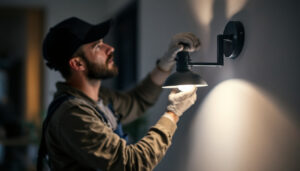 A photograph of a lighting contractor installing a bracket-mounted light in a residential or commercial setting
