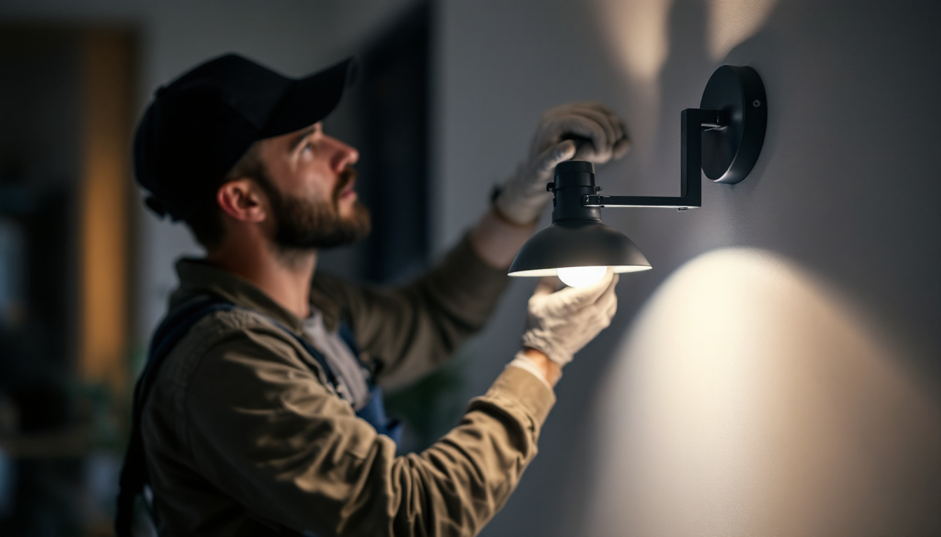 A photograph of a lighting contractor installing a bracket-mounted light in a residential or commercial setting