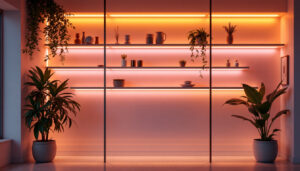 A photograph of a beautifully lit interior space featuring vibrant tape lights installed along shelves or architectural features